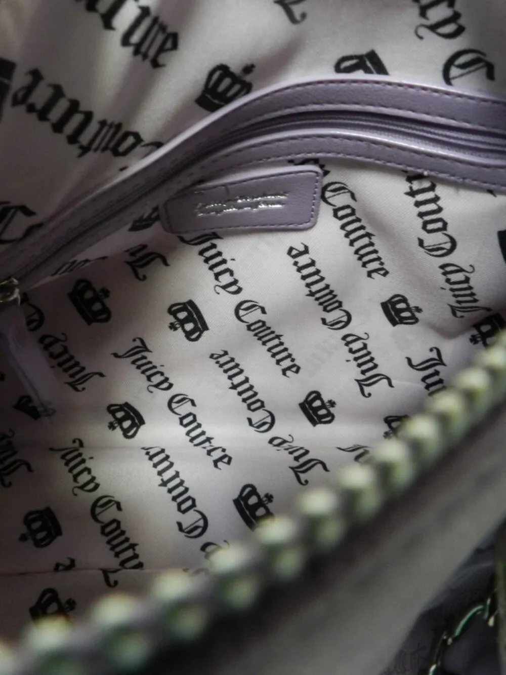 Juicy Couture faux leather barrel tote bag purse Purple zip top  Chain w/ Jewels